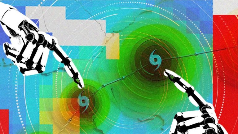 Illustration of robotic hands tracing two cyclones on a weather map